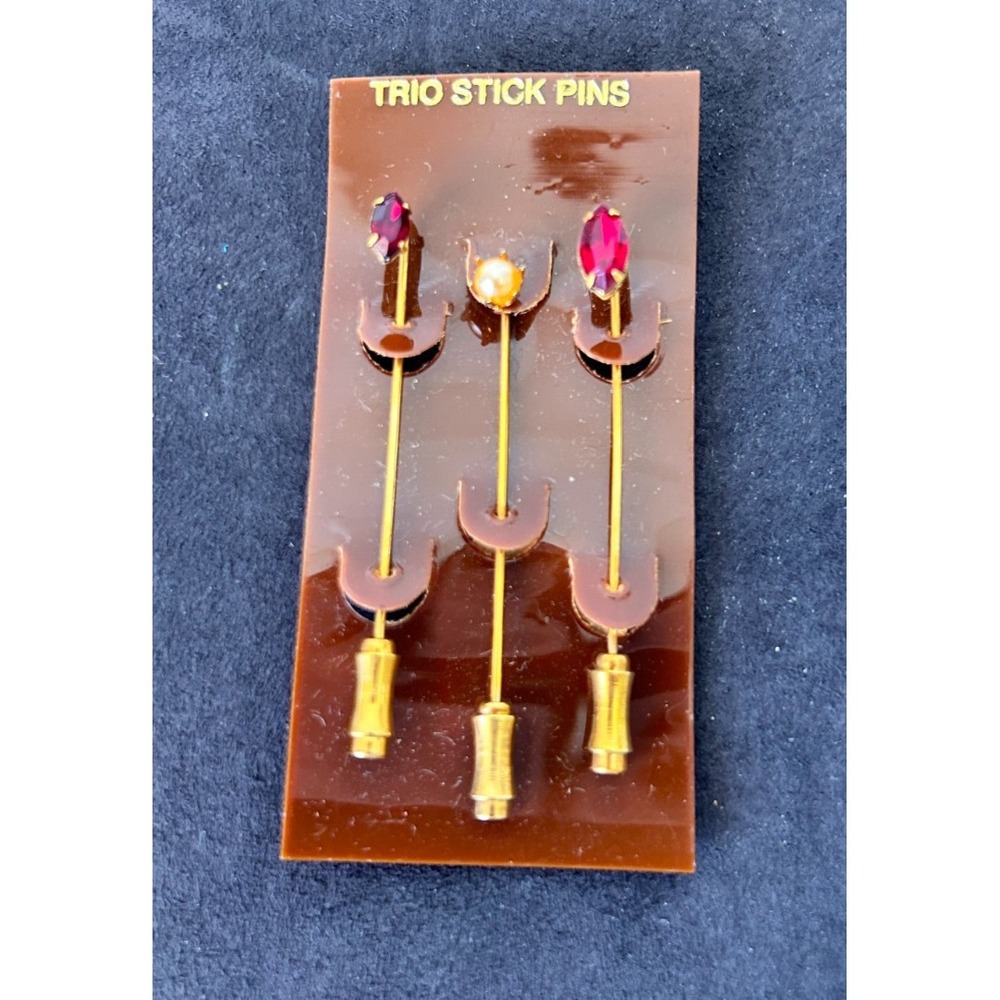 Vtg 1978 Capri Trio Stick Pins Set NOS Card Faux Ruby Pearl Gold Tone Lapel 2"